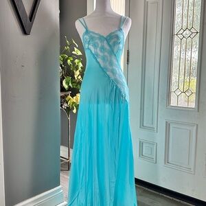 Sheer Lace Slip Gown in Aqua Blue